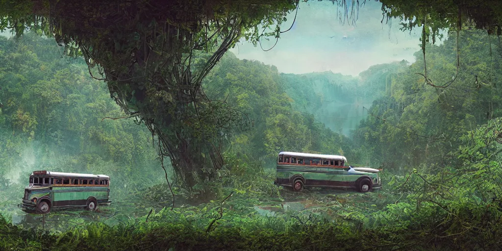 Prompt: a crashed, abandoned school bus overgrown with vines hanging partially over a cliff. Beneath the cliff is an alien lake. In the sky are two suns. Detailed digital matte painting in the style of simon stalenhag