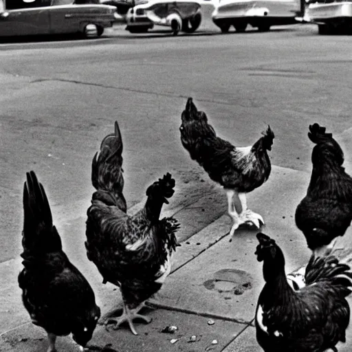 Prompt: A group of chickens smoking cigarettes with gang bandanas around their necks, Album Cover Art, eye-catching , dramatic, photographed by Henri Cartier-Bresson on a Leica camera