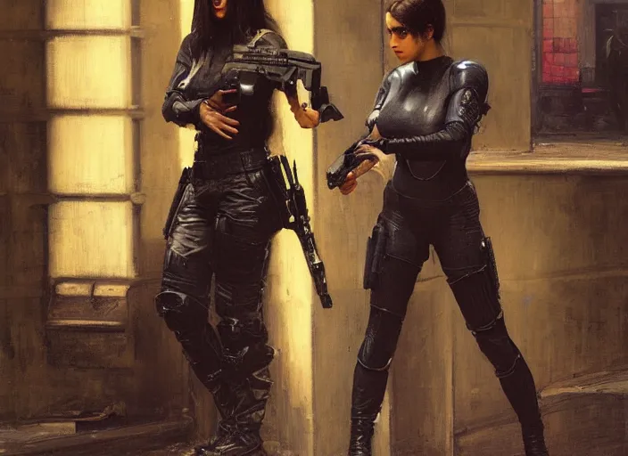 Image similar to sophia evades sgt Jonah. Cyberpunk hitwoman escaping Cyberpunk police troopers in street clothes (police state, Cyberpunk 2077, blade runner 2049, rainy city). Iranian orientalist portrait by john william waterhouse and Edwin Longsden Long and Theodore Ralli and Nasreddine Dinet, oil on canvas. Cinematic, hyper realistic, Dramatic lighting.