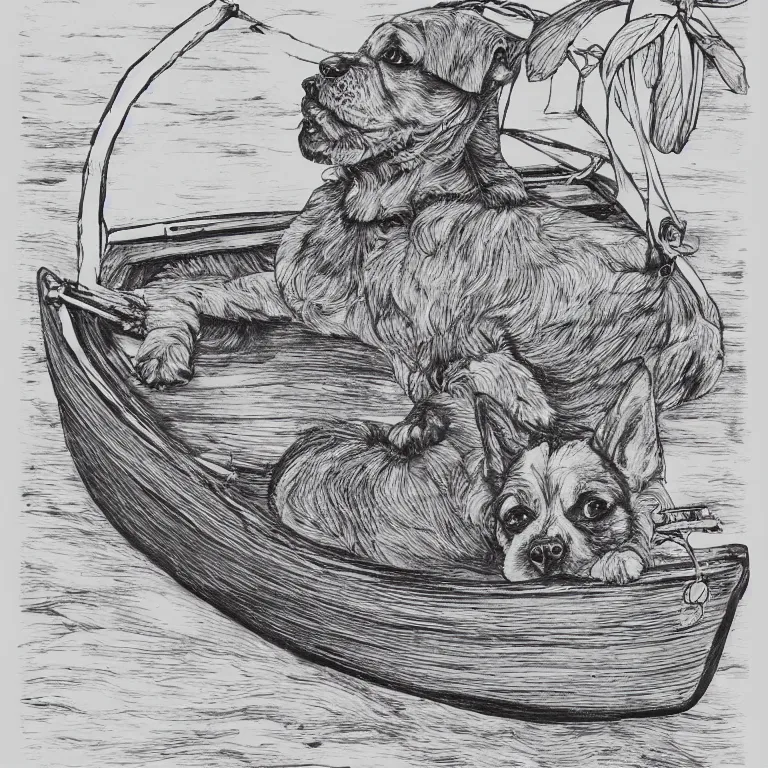 Prompt: a dog in a boat, black and white, botanical illustration, black ink on white paper, bold lines