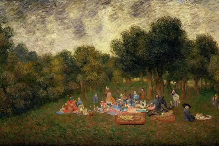 Prompt: a detailed illustration of a god ruining a picnic in the park, nightmare in the park, calamity, dark storms with lightning, ultrawide lens, aerial photography, natural disaster, 8 k, art by rembrandt and claude monet and van gogh