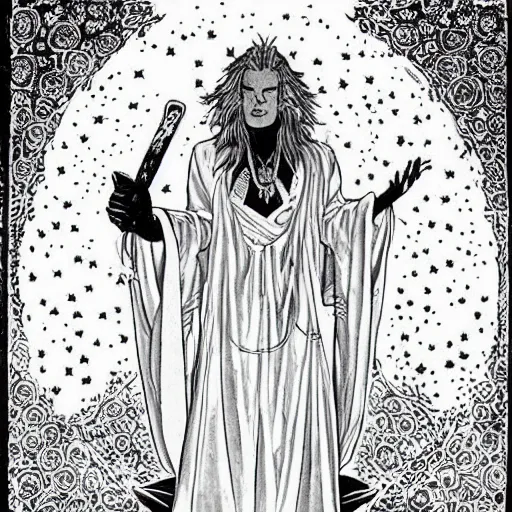 Prompt: black and white pen and ink!!!!!!! Young Guy Madison wearing cosmic space robes made of stars final form flowing royal!!! mage hair golden!!!! Vagabond!!!!!!!! floating magic swordsman!!!! glides through a beautiful!!!!!!! Camellia!!!! Tsubaki!!! death-flower!!!! battlefield behind!!!! dramatic esoteric!!!!!! Long hair flowing dancing illustrated in high detail!!!!!!!! by Moebius and Hiroya Oku!!!!!!!!! graphic novel published on 2049 award winning!!!! full body portrait!!!!! action exposition manga panel black and white Shonen Jump issue by David Lynch eraserhead and beautiful line art Hirohiko Araki!! Rossetti, Millais, Mucha, Kentaro Miura, Jojo's Bizzare Adventure!!