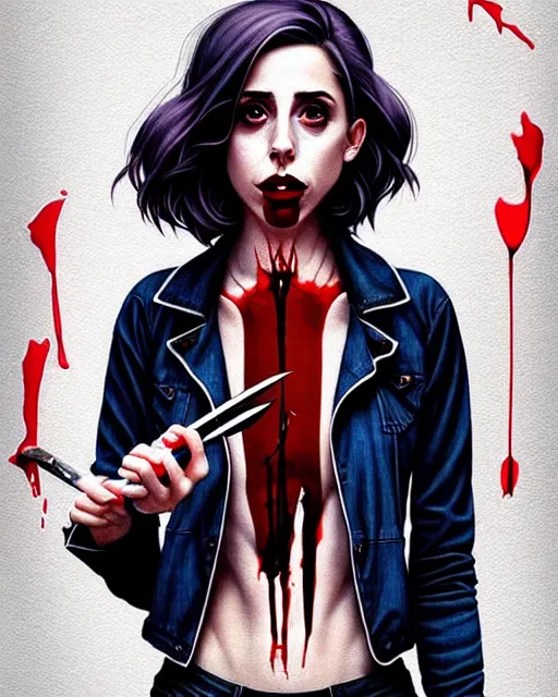 Image similar to loish, artgerm, Joshua Middleton art, Rafeal Albuquerque, pretty Alison Brie serial killer holding bloody knife in right hand realistic hand, blood on clothes and face, sarcastic smile, symmetrical eyes, symmetrical face, jean jacket, jeans, short blonde hair, middle shot, night time, deep blacks