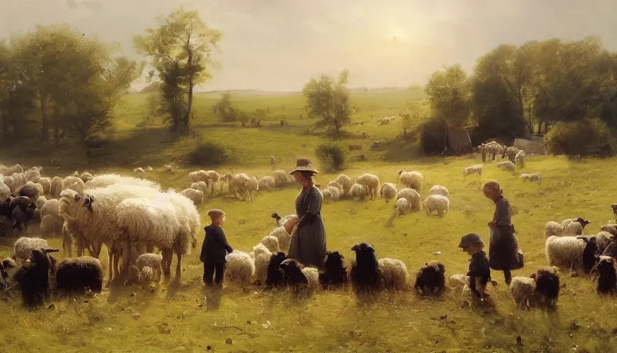 Prompt: simple amish shepherd and children with flocks of sheep in open fields, art by anders zorn, wonderful masterpiece by greg rutkowski, beautiful cinematic light, american romanticism thomas lawrence, greg rutkowski