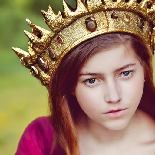 Image similar to a 1 5 years old girl wearing regal clothes and a golden crown