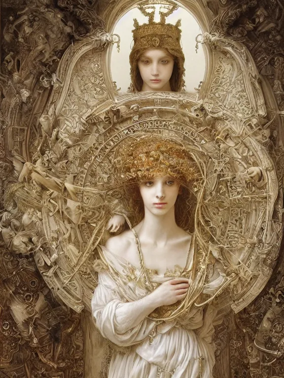 Image similar to a beautiful render of baroque catholic veiled the white queen sculpture with symmetry intricate detailed,by Lawrence Alma-Tadema, peter gric,aaron horkey,Billelis,trending on pinterest,hyperreal,jewelry,gold,intricate,maximalist,golden ratio,cinematic lighting