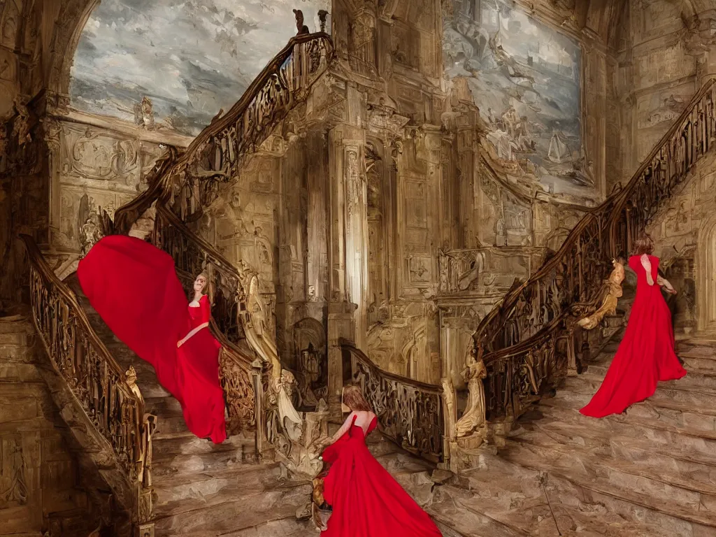Prompt: An impressive castle entrance, a beautiful woman wearing a red dress, coming down the stairs, sided by two fierce Dobermans, art directed by Martin de Thurah and shot by Kasper Tuxen