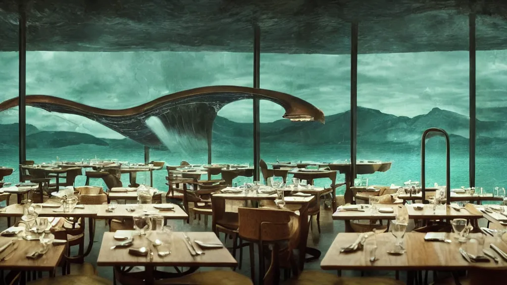 Image similar to restaurant, made of water, film still from the movie directed by Denis Villeneuve with art direction by Salvador Dalí, wide lens
