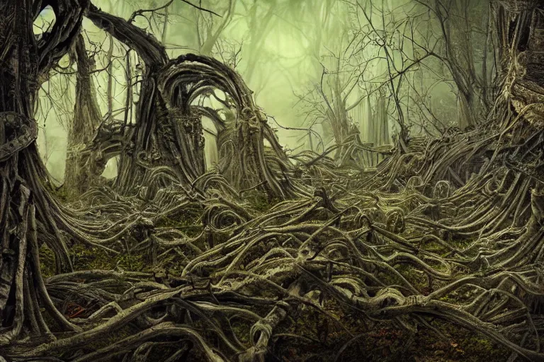 Prompt: giger borg ruins over run with forest, crazy twisted twisting spooky trees wrapping branches, bleeding rich acid colors, giger background liminal void, digital art, cinematic lighting, realistic, award winning photograph, various refining methods, micro macro autofocus