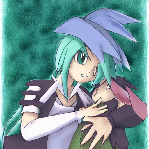 Image similar to official advanced anime digital art, Pokemon female Gardevoir hugging their pokemon trainer by Ken Sugimori