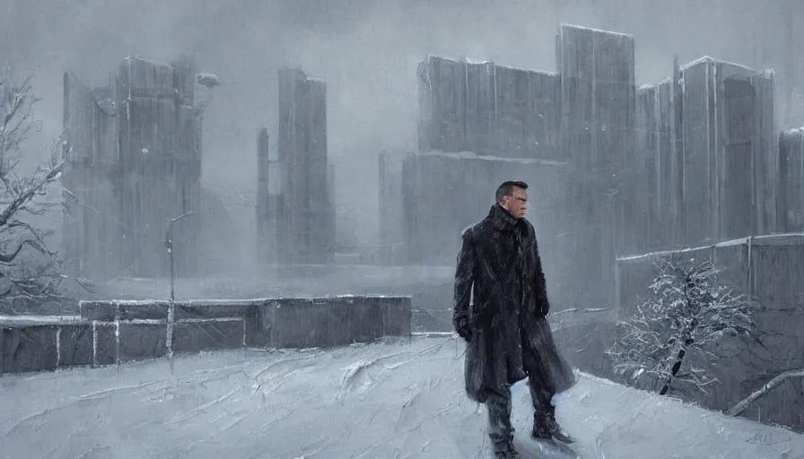 Prompt: a beautiful painting in the style of cedric peyravernay of a snowy landscape with daniel craig as james bond as he overlooks a menacing brutalist facility, award winning