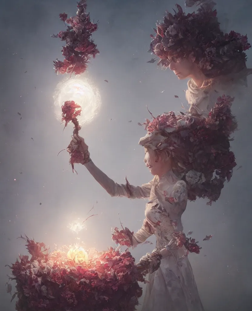 Image similar to a fancy portrait of a giant floating flower by Greg Rutkowski, Sung Choi, Mitchell Mohrhauser, Maciej Kuciara, Johnson Ting, Maxim Verehin, Peter Konig, Bloodborne , 8k photorealistic, cinematic lighting, HD, high details, atmospheric , trending on artstation