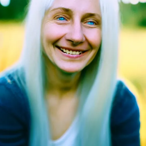 Image similar to beautiful portrait of a cute thing young woman smiling softly, long white hair, flushed face, blue eyes, golden hour, 8 k, portra 4 0 0