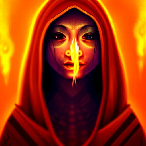 Image similar to ( a priestess with a hood that covers half her face carries an incense burner that emits a pleasantly colored flame. ) by anato finnstark, dream, full body portrait, dynamic lighting, beautiful, trending on artstation, wallpaper, 4 k, award winning, digital art, very detailed faces