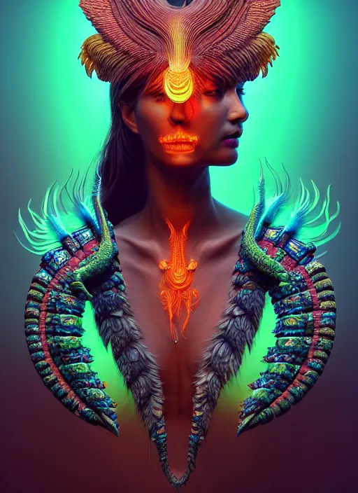 Image similar to a wlop 3 d portrait of a goddess, 8 k micro details beautiful intricate highly detailed quetzalcoatl skull and feathers. bioluminescent, fire, galaxy, artwork by tooth wu and wlop and beeple and greg rutkowski, trending on artstation,