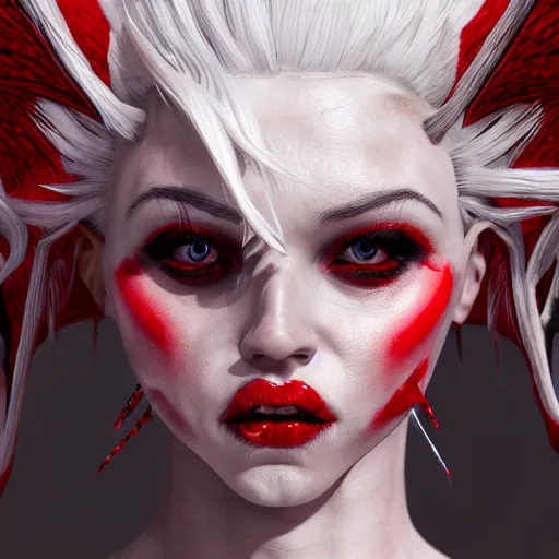 Prompt: a highly detailed portrait of a humanoid demon girl with white hair, red horns, in white clothes, red eyes artstation, deviantart, professional, unreal engine 5, photorealistic