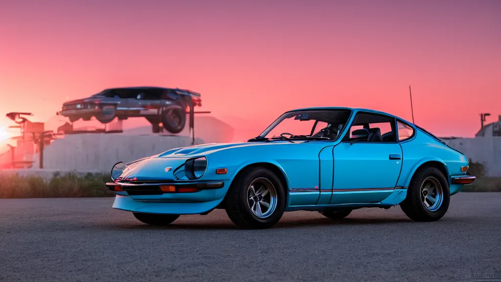 Image similar to synthwave datsun 2 4 0 z at sunset, 8 k. filling of the view