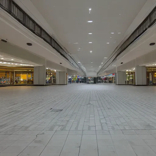 Prompt: distant single toilet in the middle of a huge abandoned mall, wide angle photography