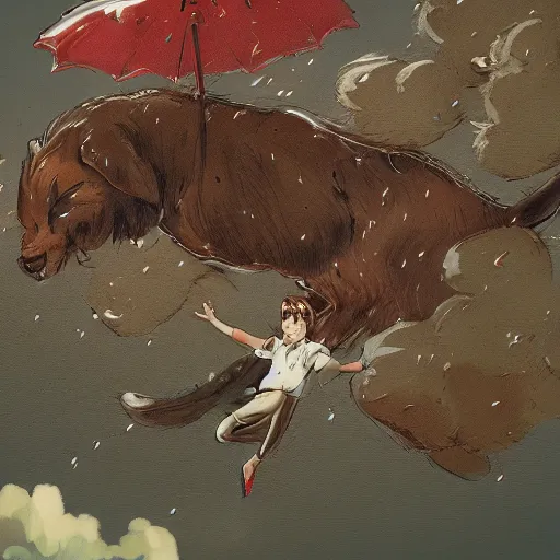 Image similar to giant cats and dogs are falling from the sky like rain, bystanders watching from the sides, 4 k, by miyazaki, monokubo, artstation,