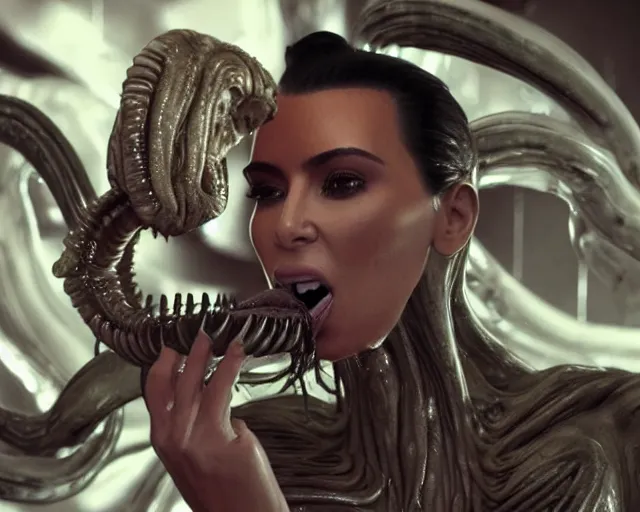 Prompt: cinematic still of kim kardashian being mouth fed by an xenomorph feeding her a transparent alien liquid, wet flowing hair, gooey skin, illustration, unreal engine 5, 8 k, directed by h. r. giger.