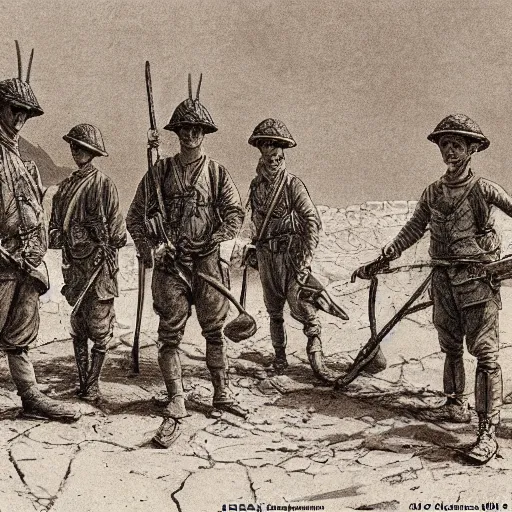 Image similar to ultra detailed photorealistic sepia - toned line drawing from 1 9 1 7, a small group of british soldiers standing at an archaeological dig site in wadi rum, ultra realistic, painted, intricate details, lovecraft, atmospheric, dark, horror, brooding, highly detailed, by clyde caldwell