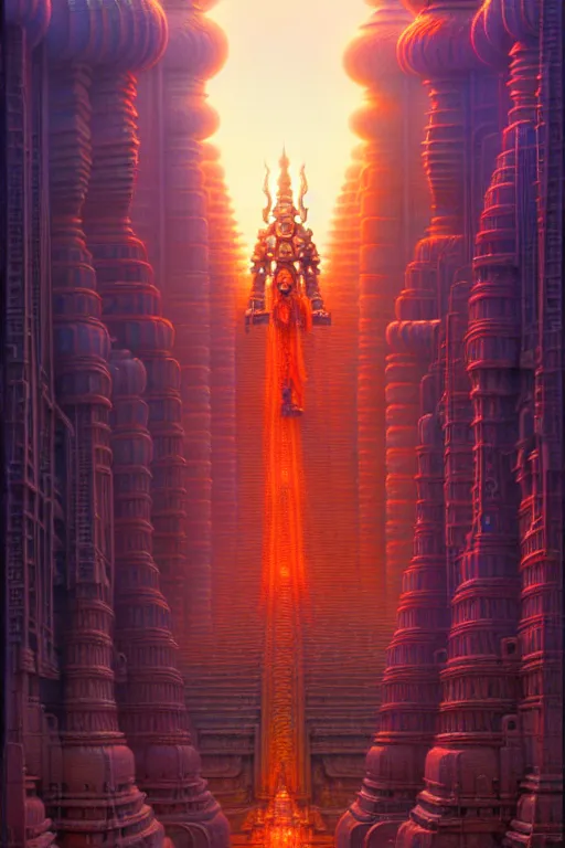 Prompt: a giant hindu architecture mecha, tim hildebrandt, wayne barlowe, bruce pennington, donato giancola, trending on artstation, cinematic composition, beautiful lighting, hyper detailed, 8 k, oil on canvas