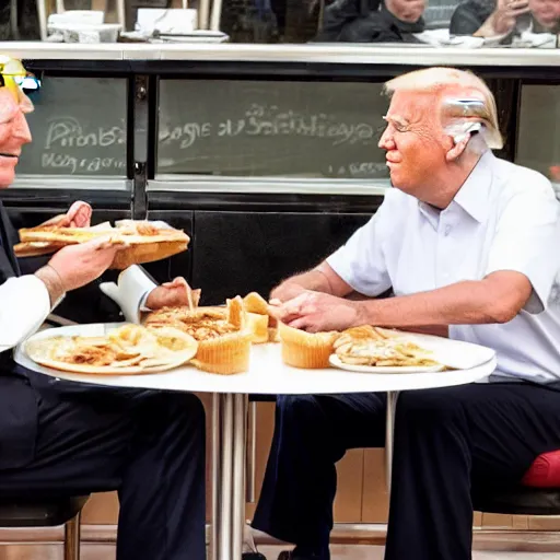 Image similar to photograph of trump and Biden sitting and eating breakfast at a Wafflehouse