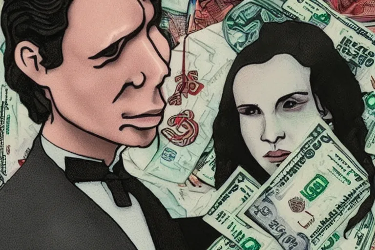 Image similar to reylo kissing dollar bill design