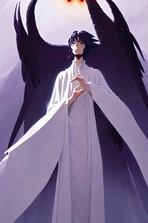 Image similar to raven headed warlock doing magic spells wind, white robes, finely detailed perfect anime face, exquisite details, mid view, design on a white background, by studio muti, greg rutkowski makoto shinkai takashi takeuchi studio ghibli