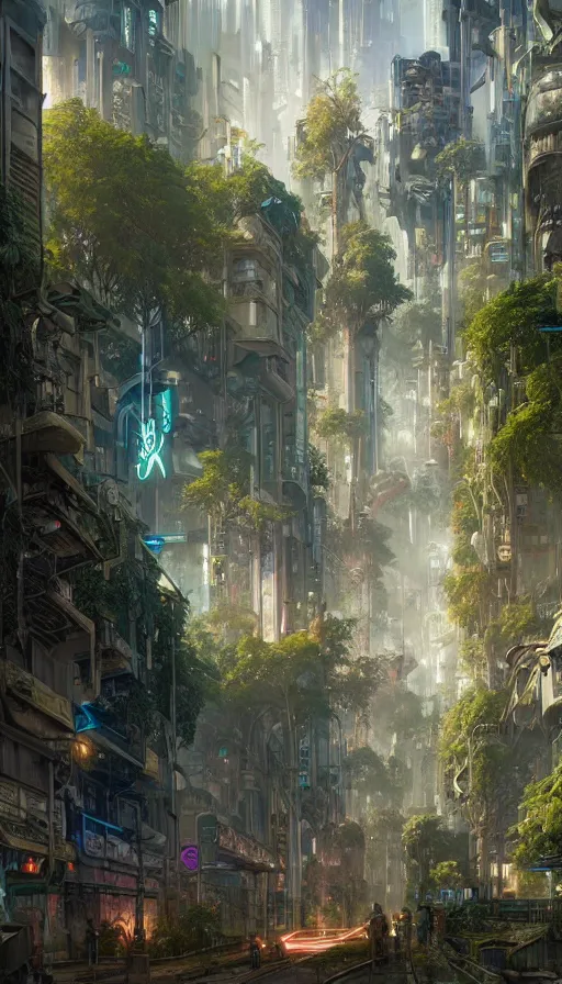 Image similar to hyper realistic cyberpunk city, overtaken by lush plants, gnarly trees by tom bagshaw, mucha, gaston bussiere, craig mullins, j. c. leyendecker 8 k