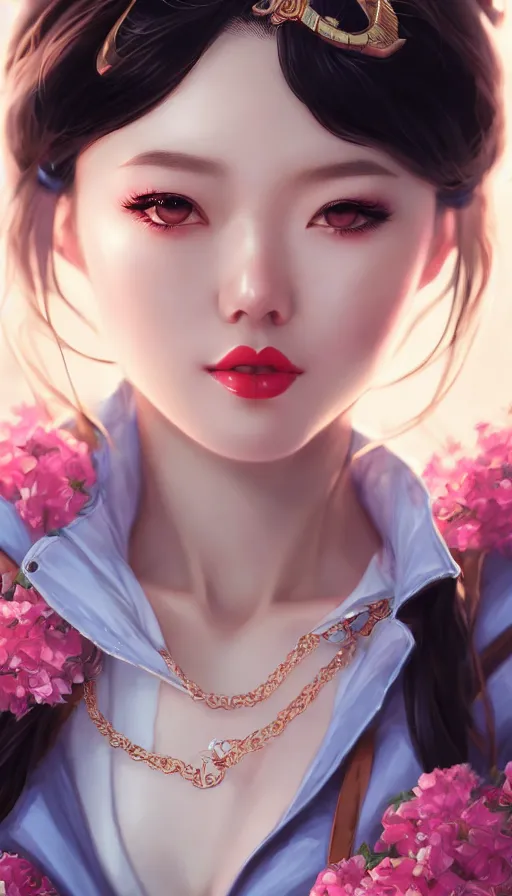 Image similar to a pin up and beautiful fashion and charming and dreamlke asian girl, lv jewelry, art by artgerm & jeehyung lee & wlop, hyperdetailed, 8 k realistic, symmetrical, frostbite 3 engine, cryengine, dof, trending on artstation, digital art