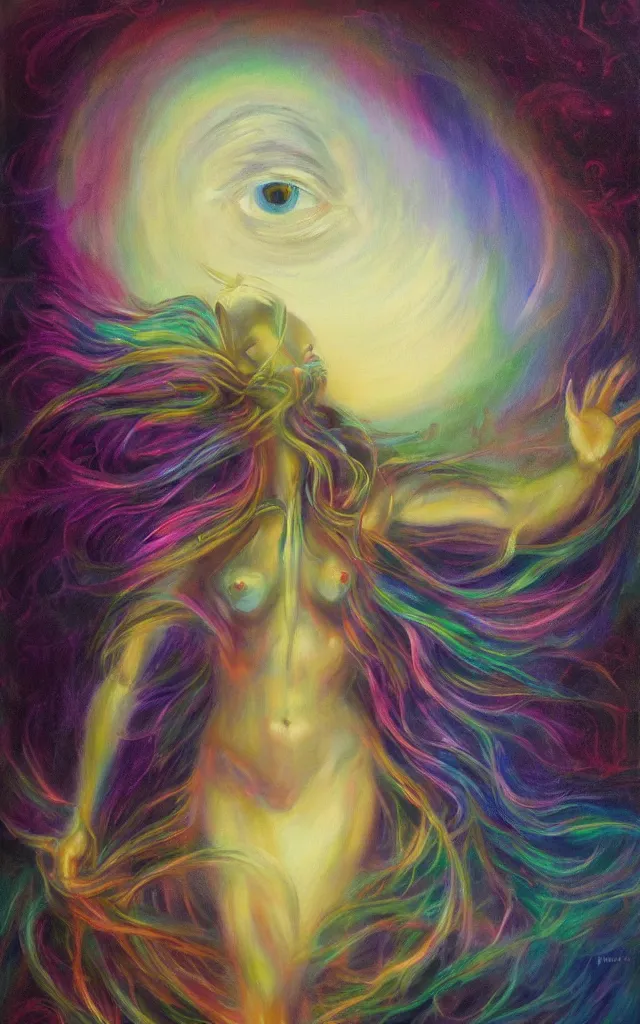 Prompt: iridescent spirit of wrath and beauty cruel beautiful spirit with golden eyes lunar mythos ambient fog, award winning oil painting, lunar color palette