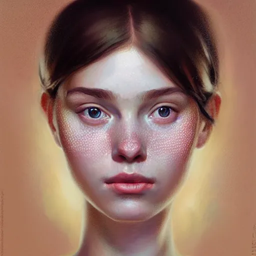 Image similar to Facial portrait of a pretty young girl, looking at the camera, slight awkward smile, lips slightly parted, some light freckles, no hands visible, extremely detailed painting by Greg Rutkowski and by Steve Henderson and by Harumi Hironaka