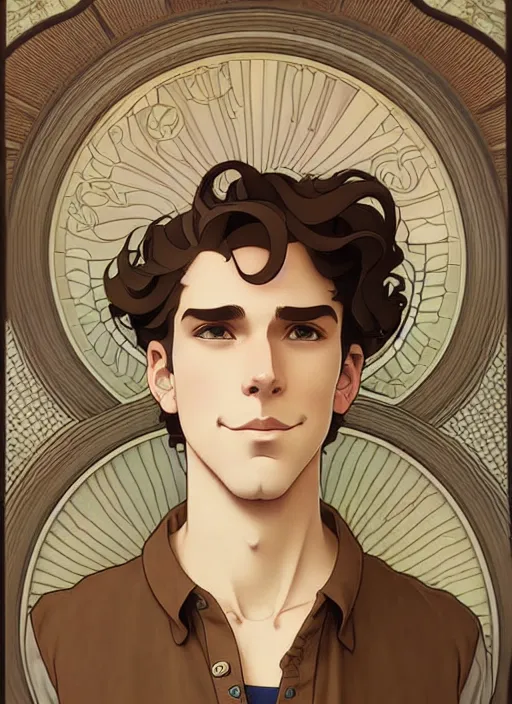 Image similar to art nouveau portrait of a young man with curly light brown hair, brown eyes, serious facial expression, casual clothes, natural lighting, path traced, highly detailed, high quality, cartoon, digital painting, by don bluth and ross tran and studio ghibli and alphonse mucha