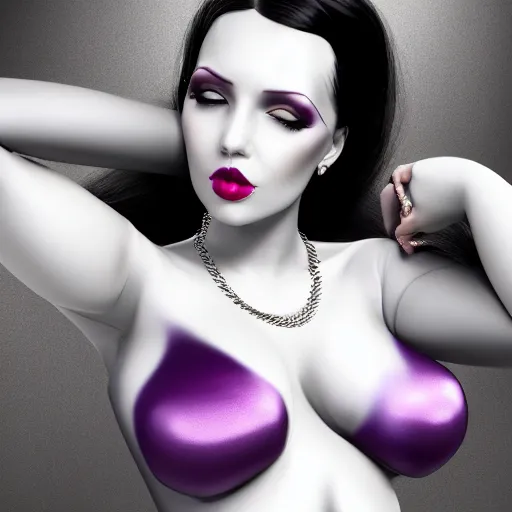 Image similar to portrait of a curvy feminine hot pale goth woman with elaborate, elegant, sophisticated, tight silver nylon, latex and silk dress, black lipstick, silver necklace, and purple makeup, cgsociety, realistic, highly detailed, attractive, 16k, smooth, sharp focus, trending on ArtStation, hyperdetailed, volumetric lighting