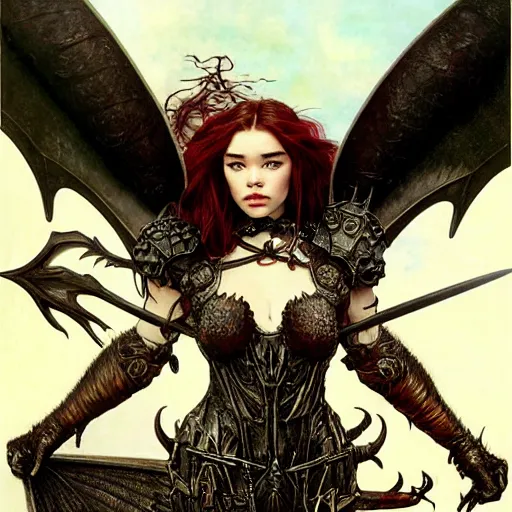 Prompt: head and shoulders portrait of an armored erinyes devil with huge bat wings, portrayed by florence pugh, d & d, fantasy, luis royo, magali villeneuve, donato giancola, wlop, krenz cushart, hans zatka, klimt, alphonse mucha