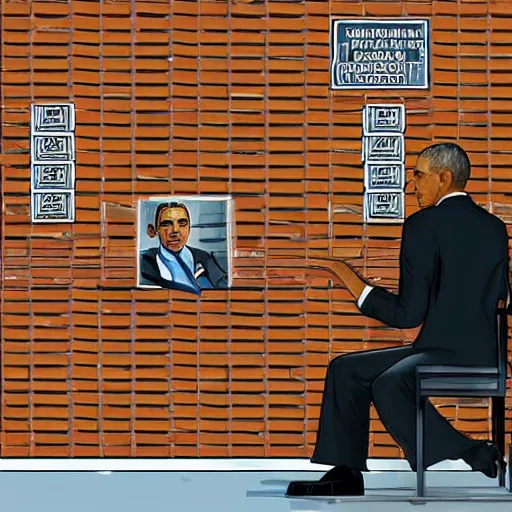 Prompt: obama sitting in a prison cell, in the style of gta loading screens