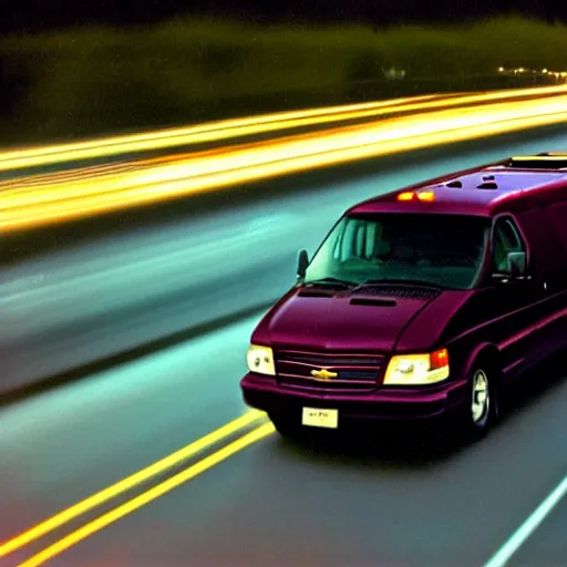 Prompt: A photograph of a 1999 Maroon Chevrolet Express driving on highway 411 in Perth, Ontario at night at 22:20, photograph taken in 2009 on a nokia flip phone