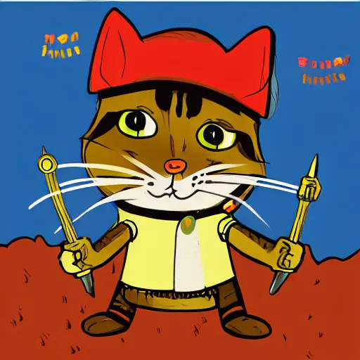 Prompt: illustration of Huckle Cat with a sword in the style of Richard Scarry