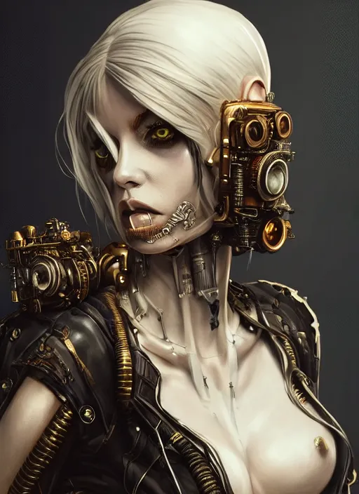 Image similar to soft lustrous ivory ebony biotech raver gutter punk gothic steampunk cyborg, golden ratio, details, scifi, fantasy, cyberpunk, intricate, decadent, highly detailed, digital painting, octane render, artstation, concept art, smooth, sharp focus, illustration, art by artgerm, loish, wlop