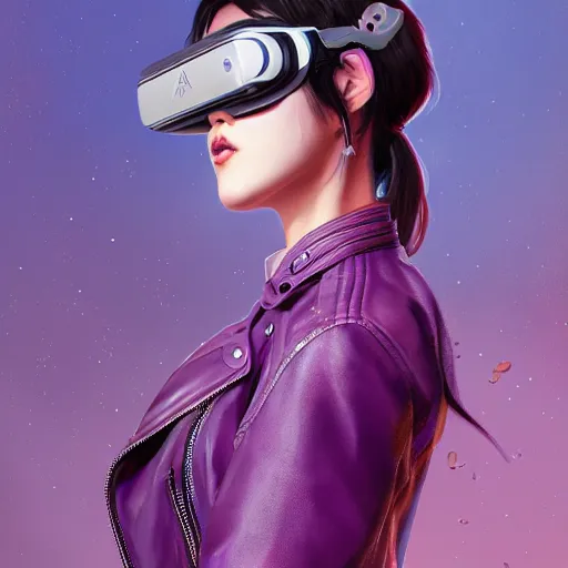 Image similar to full body of Korean female wearing VR goggles and futuristic short violet leather jacket, torn 1980s tank top underneath jacket, intricate, elegant, highly detailed, digital painting, artstation, concept art, smooth, sharp focus, illustration, art by artgerm and greg rutkowski and alphonse mucha