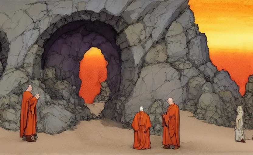 Prompt: a hyperrealist watercolour concept art of a desert day. through a large rock arch is a time portal to an orange sunset sky. a medieval monk in grey robes is in the foreground. by rebecca guay, michael kaluta, charles vess and jean moebius giraud. high detail, hq, wide shot