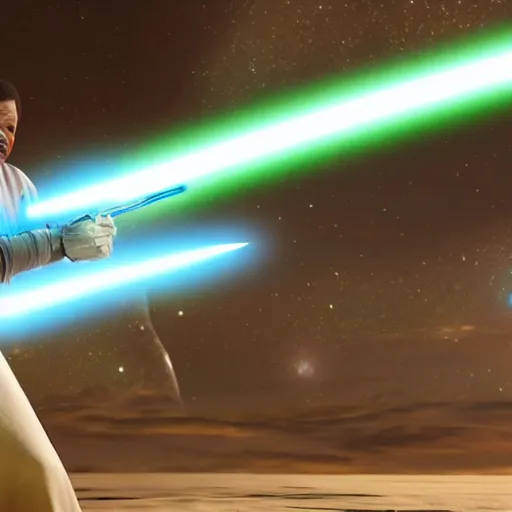 Prompt: accurate portrait of neil degrasse tyson as jedi holding light sword, disney star wars movies still, unreal engine render style, 8 k