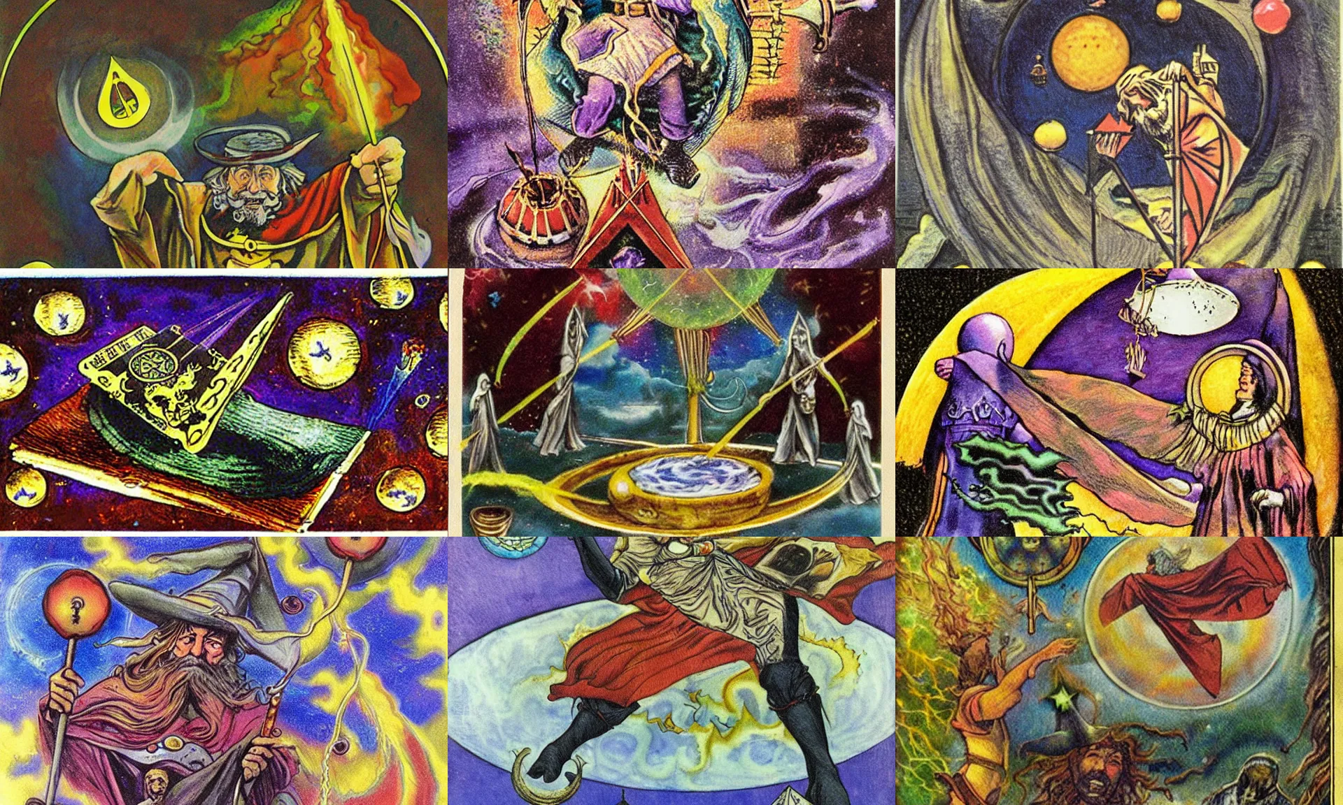 Prompt: wizard, tarot cards floating, by josh kirby
