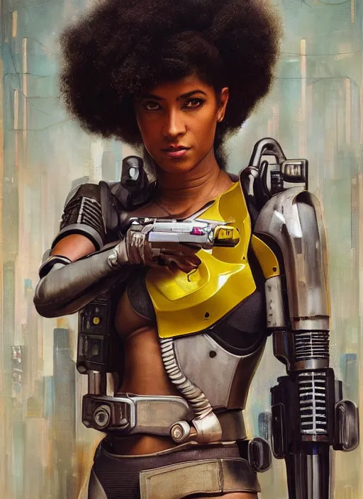 Image similar to Ariana Igwe. Buff Cyberpunk policewoman with robotic legs. Patrolling rainy streets. (Cyberpunk 2077, bladerunner 2049). Gorgeous face. Iranian orientalist portrait by john william waterhouse and Edwin Longsden Long and Theodore Ralli and Nasreddine Dinet, oil on canvas. Cinematic, vivid colors, hyper realism, realistic proportions, dramatic lighting, high detail 4k