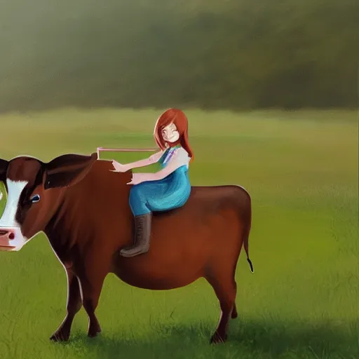 Prompt: girl riding a cow on the farm, trending on artstation