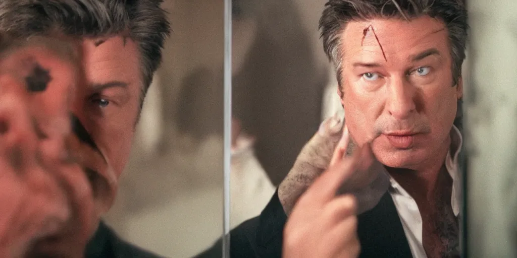 Prompt: ultra wide angle photo of alec baldwin dressed as seth brundle is looking at himself in a bathroom mirror and seeing his reflection as the fly, a mutated insect version of alec baldwin