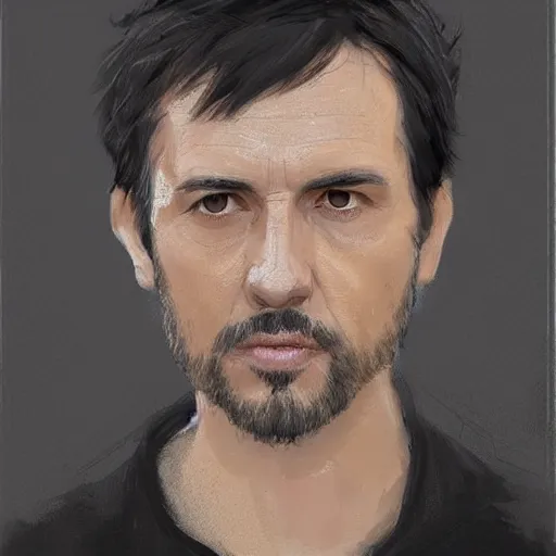 Image similar to Portrait of a man by Greg Rutkowski, he is about 40 years old, short black hair with bangs, his features are a mix between French, Turkish and Russian, dad vibes, he is wearing a white and black utility jumpsuit, highly detailed portrait, digital painting, artstation, concept art, smooth, sharp foccus ilustration, Artstation HQ.