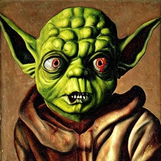 Prompt: zombie yoda, yoda as a zombie, hieronymus bosch, zombified, scary, oil painting