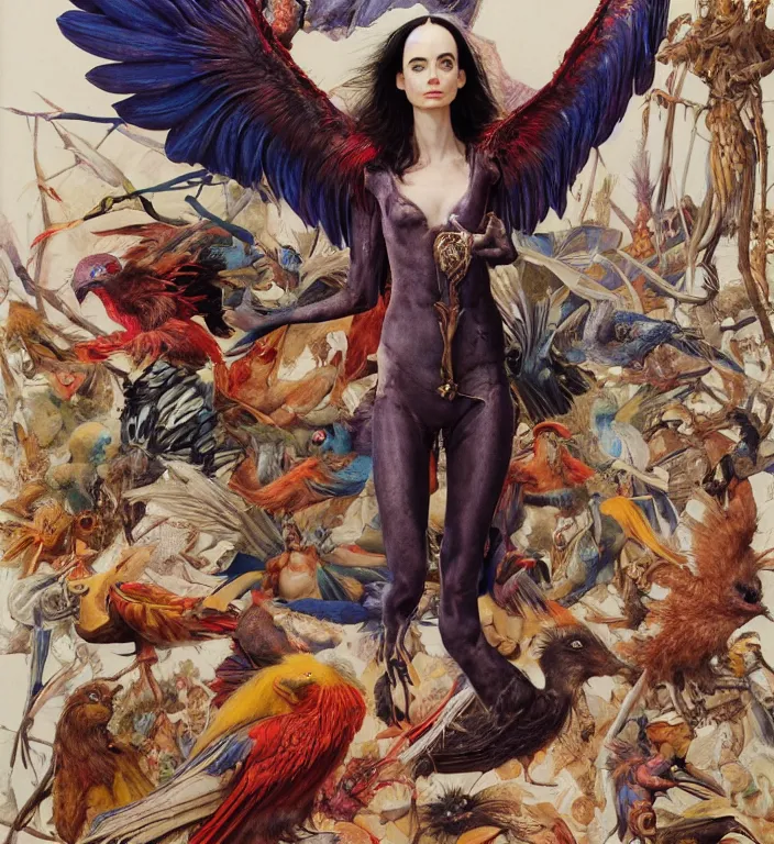 Image similar to a portrait photograph of a meditating fierce krysten ritter as a colorful harpy bird super hero with mutated sclaed skin. she has many skin grafts and cyborg body modifications. by donato giancola, hans holbein, walton ford, gaston bussiere, peter mohrbacher and brian froud. 8 k, cgsociety